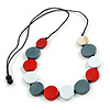 Red/White/Grey Wooden Coin Bead Black Cotton Cord Necklace/ 86cm Max Lenght/ Adjustable