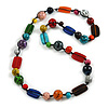 Long Wood and Glass Bead Black Cord Necklace/ Multicoloured - 90cm L