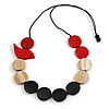 Red/Black/Antique White Wooden Coin Bead and Bird Black Cotton Cord Long Necklace/ 96cm Max Length/ Adjustable