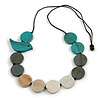 Turquoise/Grey/Antique White Wooden Coin Bead and Bird Black Cotton Cord Long Necklace/ 96cm Max Length/ Adjustable