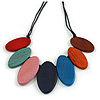 Leaf Painted Multicoloured Wooden Bead Black Cotton Cord Necklace/70cm Max Length/ Adjustable