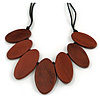 Leaf Painted Brown Wood Bead Cotton Cord Necklace/70cm Max Length/ Adjustable