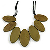 Leaf Painted Olive Green Wood Bead Cotton Cord Necklace/70cm Max Length/ Adjustable