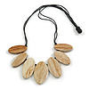 Leaf Painted Antique White Wood Bead Cotton Cord Necklace/70cm Max Length/ Adjustable