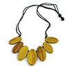 Leaf Painted Antique Yellow Wood Bead Cotton Cord Necklace/70cm Max Length/ Adjustable