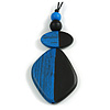 Blue/Black Geometric Wood Pendant Black Waxed Cotton Cord - 80cm L Max/ 13cm