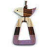 Lilac/Brown/Antique White Bird and Triangular Wooden Pendant Brown Cotton Cord Long Necklace - 90cm L/ 11cm Pendant
