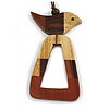 Brown/Natural Bird and Triangular Wooden Pendant Brown Cotton Cord Long Necklace - 90cm L/ 11cm Pendant