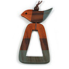 Bronze/Brown/Grey Bird and Triangular Wooden Pendant Brown Cotton Cord Long Necklace - 90cm L/ 11cm Pendant