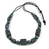 Chunky Grey with Animal Print Cube and Ball Wood Bead Cord Necklace - 90cm Max