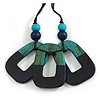 O-Shape Turquoise/Dark Blue Painted Wood Pendant with Black Cotton Cord - 90cm L/ 8cm Pendant