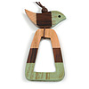 Pink/Brown/Mint Bird and Triangular Wooden Pendant Brown Cotton Cord Long Necklace - 90cm L/ 11cm Pendant