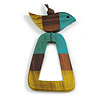 Turquoise/Brown/Yellow Bird and Triangular Wooden Pendant Brown Cotton Cord Long Necklace - 90cm L/ 11cm Pendant