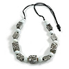 Chunky White/ Black with Animal Print Cube and Ball Wood Bead Cord Necklace - 90cm Max