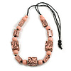 Chunky Pastel Pink with Animal Print Cube and Ball Wood Bead Cord Necklace - 90cm Max