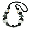 Geometric Painted Wooden Bead Long Necklace White, Black, Grey - 90cm Long