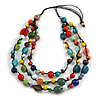 Layered Multicoloured Wood/ Ceramic/ Glass Bead Cotton Cord Necklace - 90cm L