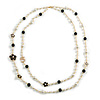 Faux Pearl White/ Black Bead With Black/White Enamel Daisy Motif Double Chain Long Necklace in Gold Tone - 86cm L