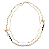 Faux Pearl White/ Black Bead With Enamel Flower/ Bow Motif Double Chain Long Necklace in Gold Tone - 84cm L