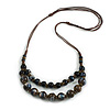 Layered Graduated Dark Blue/Brown/White Ceramic Bead Brown Silk Cord Necklace - 60-70cm L/ Adjustable