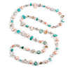 Pastel Pink/Teal/Off White Shell Nugget and Transparent Glass Bead Long Necklace - 115cm Long