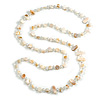 Off White Shell Nugget and Transparent Glass Bead Long Necklace - 115cm Long