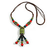 Green/Red/Black/Teal Ceramic Bead Tassel Brown Cord Necklace/68cm L/Adjustable/Slight Variation In Colour/Natural Irregularities