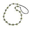 Dusty Green Ceramic Flower Bead Black Silk Cord Long Necklace - 95cm Long