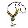 Ceramic/Acrylic Beaded with Flower Tassel Brown Silk Cord Necklace in Yellow/military Green/Teal/ 66cm L/Slight Variation In Colour/Natural Irregulari