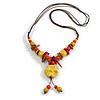 Ceramic/Acrylic Beaded with Flower Tassel Brown Silk Cord Necklace in Yellow/Red/Magenta/ 66cm L/Slight Variation In Colour/Natural Irregularities