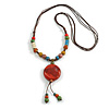 Multicoloured Ceramic Bead Tassel Necklace with Brown Cotton Cord/66cm L/13cm Tassel/Natural Irregularities/Slight Variation In Colour