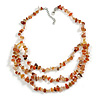 Brown/Orange Semiprecious Nugget/Golden Glass Bead Layered Necklace/50cm L/5cm Ext
