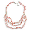 Pink Rose Quartz Semiprecious Nugget/Transparent Glass Bead Layered Necklace/50cm L/5cm Ext