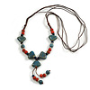 Red/Blue Ceramic Bead with Leaf Shape Tassel Brown Silk Cord Necklace/ 66cm L/Slight Variation In Colour/Natural Irregularities