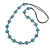 Light Blue Ceramic Heart Bead Black Cotton Cord Long Necklace/88cm L/Adjustable/Slight Variation In Colour/Natural Irregularities