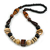 Chunky Geometric Wood Bead Necklace in Brown/Black/Natural - 70cm L