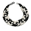 Wide Chunky White/Black Glass Bead Plaited Necklace - 50cm L/ 3cm Ext