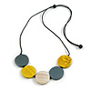 Yellow/Grey/White Coin Shape Wood Bead Black Cotton Cord Necklace/Adjustable/88cm Max L