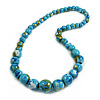 Chunky Graduated Wood Glossy Beaded Necklace in Shades of Light Blue/Gold/White - 66cm Long