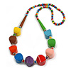 Long Chunky Multicoloured Wood Bead Necklace - 78cm L