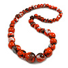 Chunky Graduated Wood Glossy Beaded Necklace in Shades of Orange/Black/White - 66cm Long