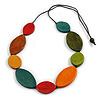 Multicoloured Oval Wooden Bead Geometric Black Cord Long Necklace/ 90cm Long/ Adjustable