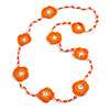 Handmade Orange/Melon/White Floral Crochet Orange/White Glass Bead Long Necklace/ Lightweight - 100cm Long
