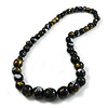 Chunky Graduated Wood Glossy Beaded Necklace in Shades of Black/Gold/White - 66cm Long