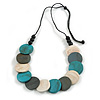 Turquoise/Grey/White Wooden Coin Bead Black Cotton Cord Necklace/ 100cm Max Length/ Adjustable