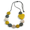 Yellow/White/Grey Wooden Coin Beads with Heart Motif Cord Long Necklace - 90cm Max Length/ Adjustable