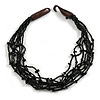 Ethnic Multistrand Black Glass Bead, Semiprecious Stone Necklace With Wood Hook Closure - 60cm L