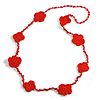 Handmade Red Floral Crochet Glass Bead Long Necklace/ Lightweight - 100cm Long