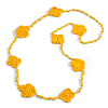 Handmade Yellow Floral Crochet Glass Bead Long Necklace/ Lightweight - 100cm Long