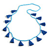 Boho Style Light Blue Glass Bead with Blue Cotton Tassel Long Necklace - 96cm L